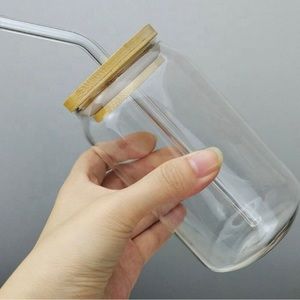 Glass Cups with Bamboo Lids and Glass Straws